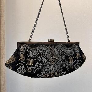 Santi Black Beaded Evening Bag – Gold & Silver Embroidery